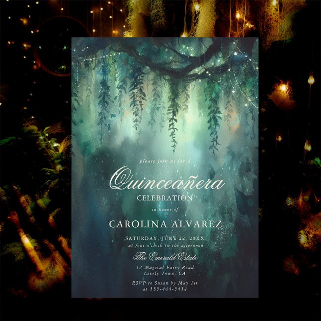 Magic Qinceanera (Ljus) Inbjudningar (enchanted forest quinceanera invitation card template watercolor vines fairy lights elegant classy)