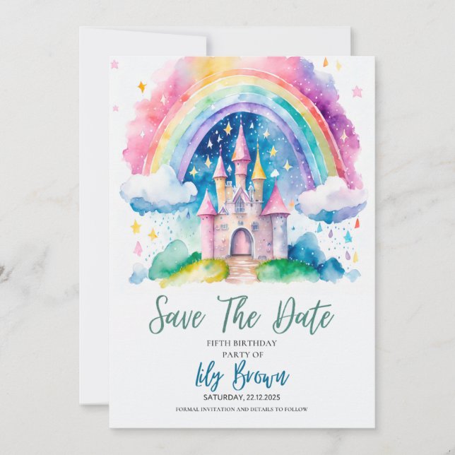 Magic Rainbow Castle Birthday Save Date - Ki Inbjudningar (Framsida)