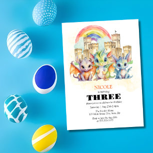 Magic Rainbow Castle Cute Baby Dragons Birthday Inbjudningar