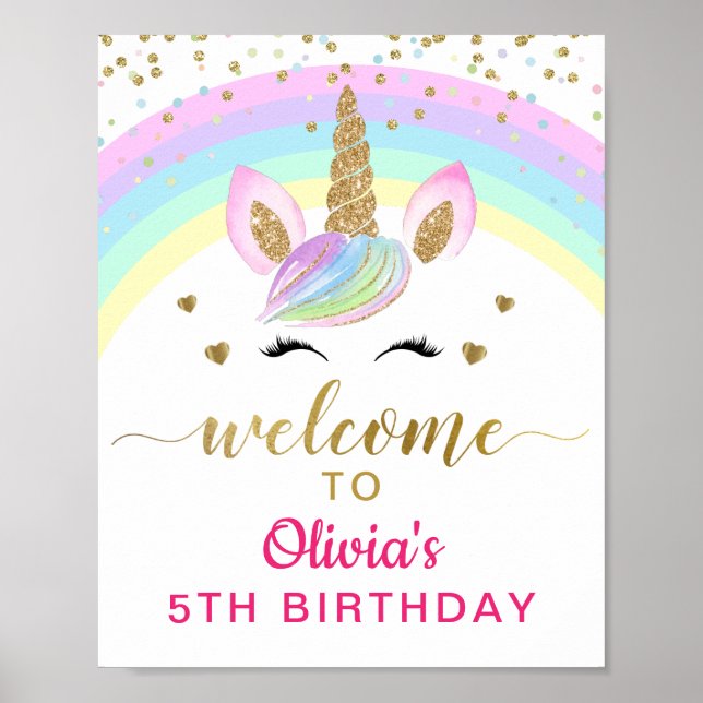 Magic Rainbow Guld Unicorn Birthday Välkomstskylt Poster (Framsidan)