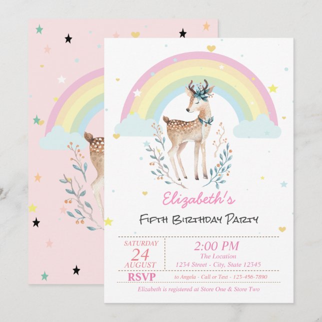 Magic Rainbow Reindeer Stars Birthday-inbjudan Inbjudningar (Fram/baksida)