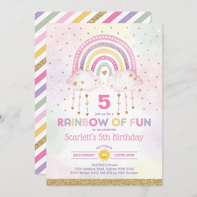 Magic Rainbow Rosa Guld Clouds Girls Birthday Inbjudningar (Fram/baksida)