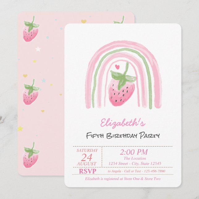 Magic Rainbow Strawberry, Stars Birthday Inbjudningar (Fram/baksida)