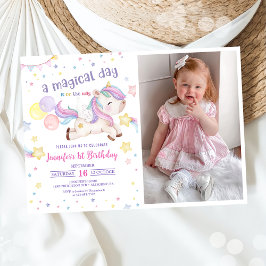 Magic Rainbow Unicorn 1:a Birthday Party Photo Inbjudningar