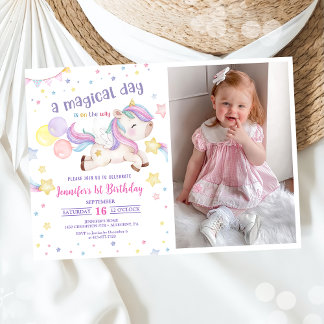 Magic Rainbow Unicorn 1:a Birthday Party Photo Inbjudningar