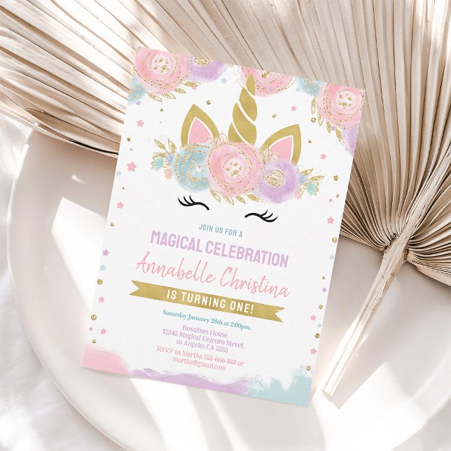 Magic Rainbow Unicorn 1:a födelsedagsinbjudan Inbjudningar (Skapare uppladdad)