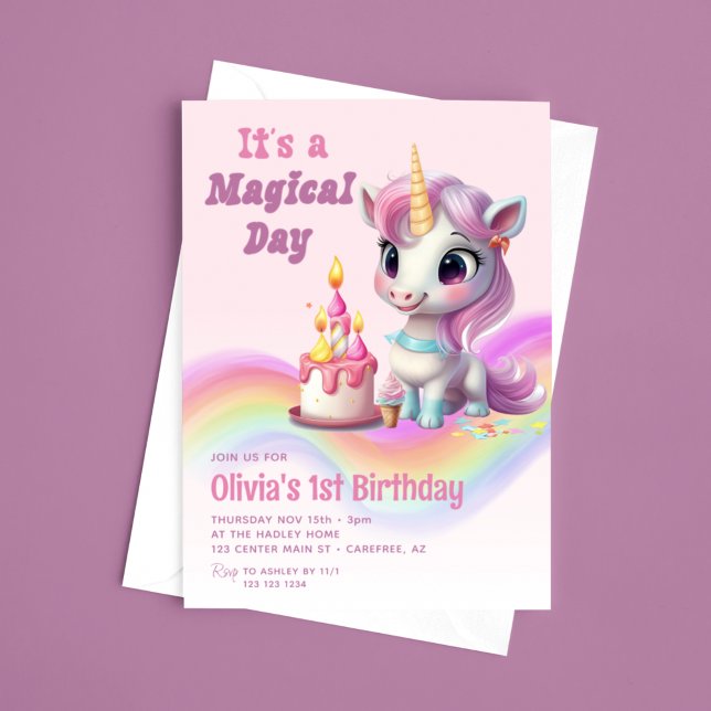 Magic Rainbow Unicorn 1st Birthday Inbjudningar (Skapare uppladdad)