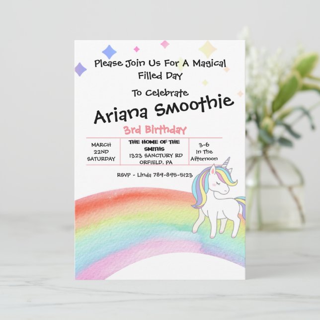 Magic Rainbow Unicorn Birthday-inbjudan Inbjudningar (Stående Fram)