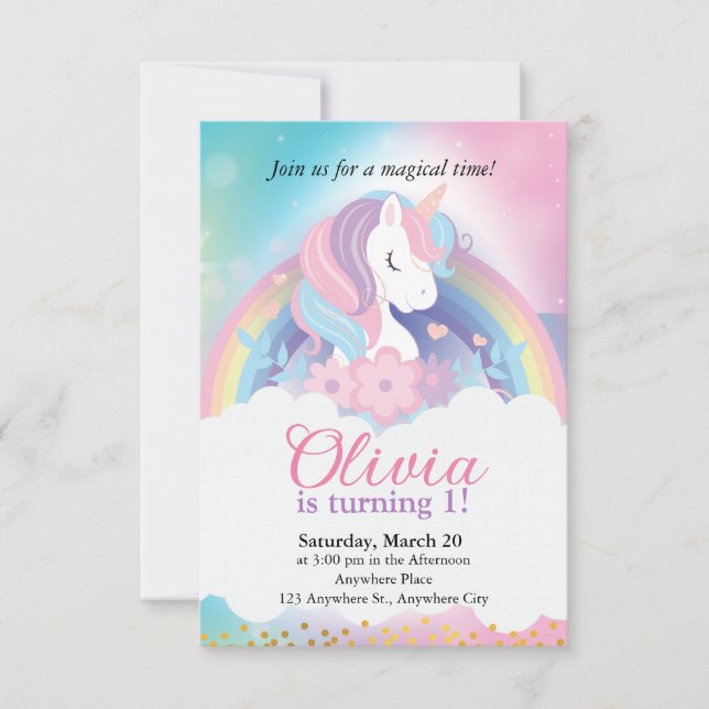 Magic Rainbow Unicorn Birthday-inbjudan Inbjudningar (Framsida)
