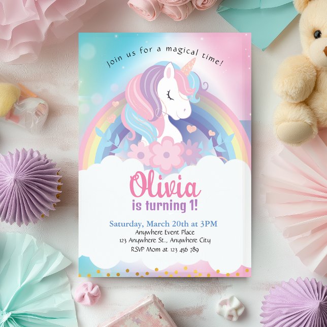 Magic Rainbow Unicorn Birthday-inbjudan Inbjudningar (Magical Pink Unicorn Birthday Invitation)