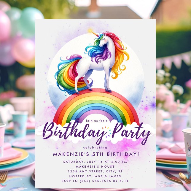Magic Rainbow Unicorn Birthday-inbjudan Inbjudningar (Rainbow unicorn birthday invitation)