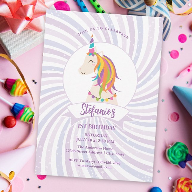 Magic Rainbow Unicorn Flicka 1:a födelsedagen Inbjudningar (Skapare uppladdad)