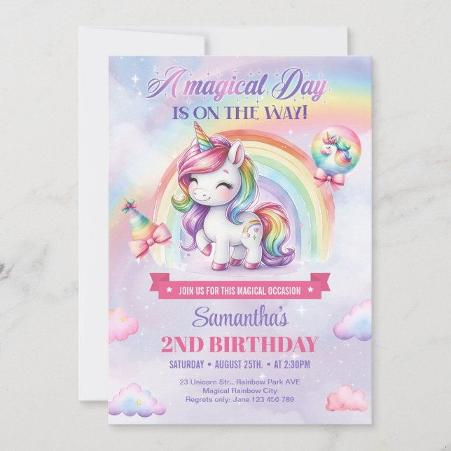 Magic Rainbow Unicorn-flicka andra födelsedag Inbjudningar (Framsida)