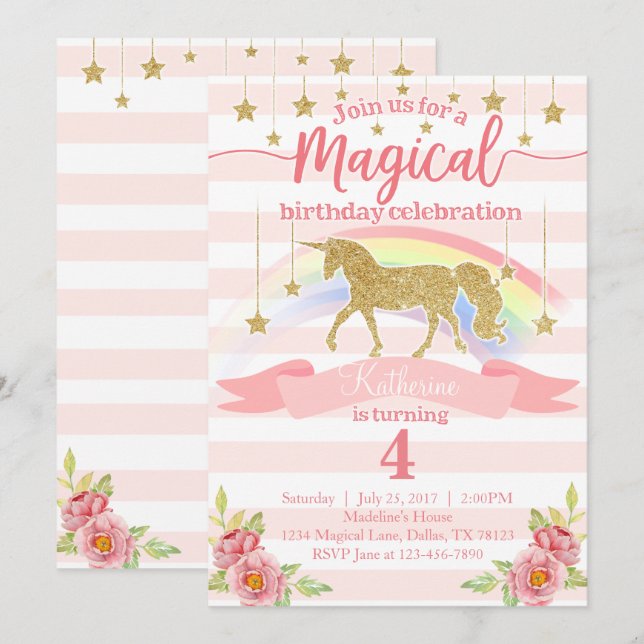 Magic Rainbow Unicorn Födelsedagsfest inbjudan (Fram/baksida)