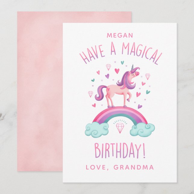 Magic Rainbow Unicorn Girl Birthday Card Inbjudningar (Fram/baksida)