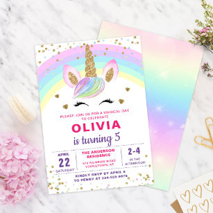 Magic Rainbow Unicorn Guld Glitter Girl Birthday Inbjudningar