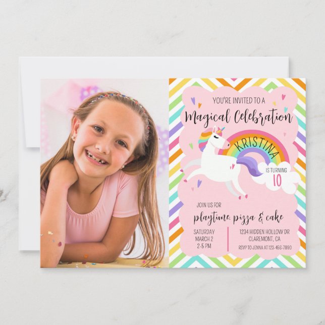 Magic Rainbow Unicorn Photo Birthday-inbjudan Inbjudningar (Framsida)