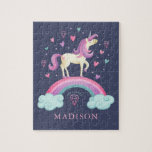 Magic Rainbow Unicorn Pussel<br><div class="desc">En söt,  magisk enhörn med hjärtan och en regnbåge dekorerar det här pusslet. Anpassa det med hennes namn. En roligt gåva till en tjej. Designad av Blackberry Boulevard.</div>