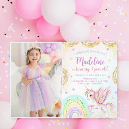 Magic Rainbow Unicorn Rosa Guld Birthday Photo Inbjudningar