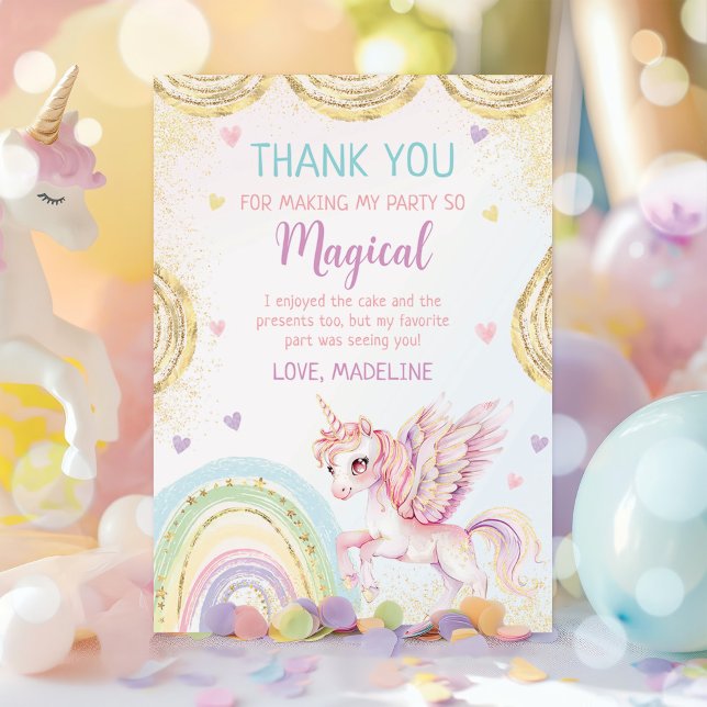 Magic Rainbow Unicorn Rosa Guld Födelsedagsfest Tack Kort (Skapare uppladdad)