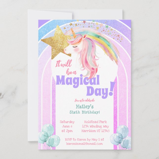 Magic Rainbow Unicorn sjätte födelsedag Inbjudningar (Framsida)