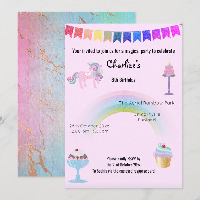 Magic Rainbow Unicorn Sweets Birthday Rosa Inbjudningar (Fram/baksida)