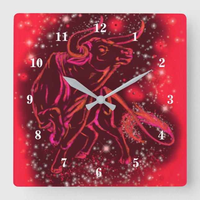 Magic Red Neon Bull Running - Fantastisk Starry Ni Fyrkantig Klocka (Framsida)