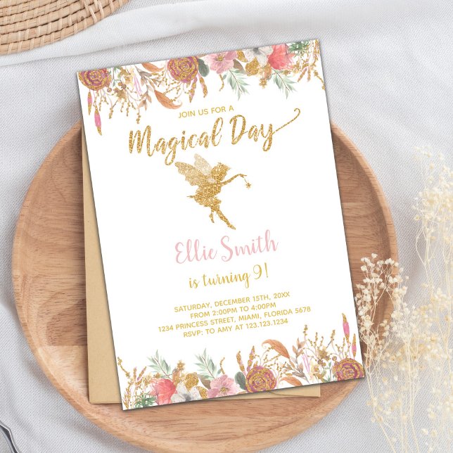 Magic Rosa Garden Party Card Inbjudningar (Glitter Floral Fairy Birthday Invitations)