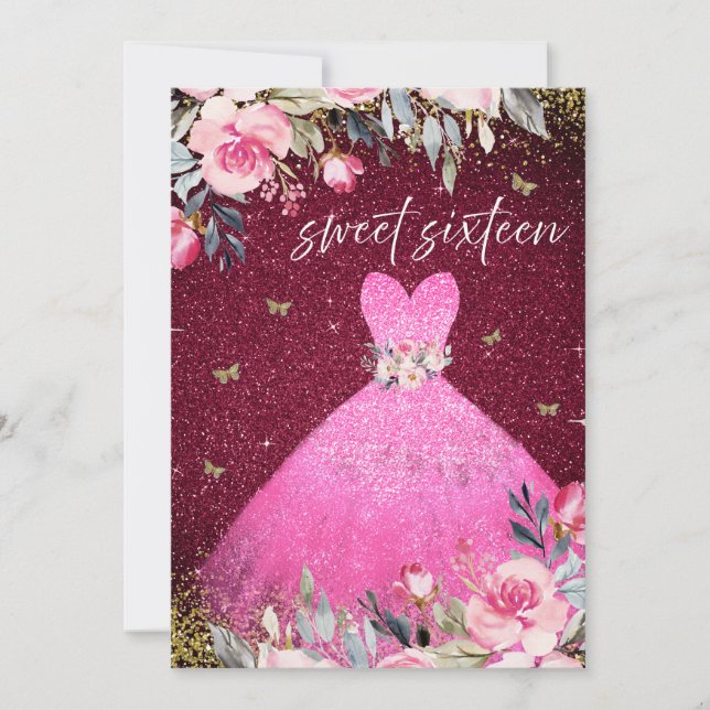 Magic  Rosa Gown Dress Blommigt Sweet 16 Inbjudningar (Framsida)