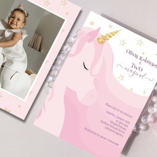 Magic Rosa Guld Unicorn 2:a födelsedagsfoto Inbjudningar