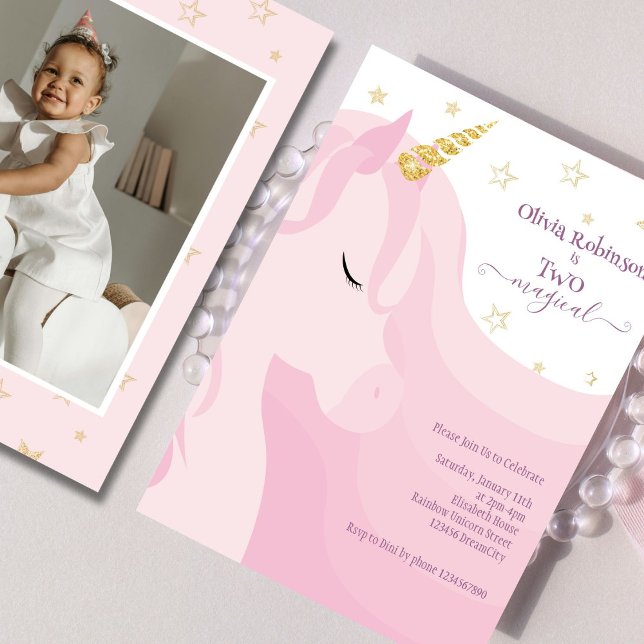 Magic Rosa Guld Unicorn 2:a födelsedagsfoto Inbjudningar (Skapare uppladdad)