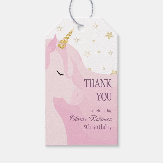 Magic Rosa Guld Unicorn Birthday Presentetikett (Framsidan)
