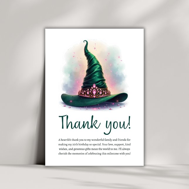 Magic Rosa Krona & Grönt Witch Hat Birthday Tack Kort (Whimsical Crown & Green Wicked Witch Hat Birthday Thank You Card)