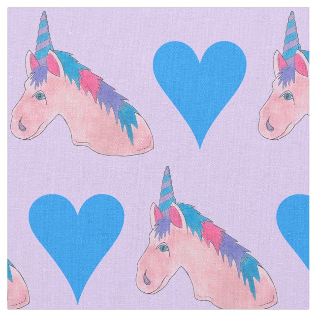 Magic Rosa Lila Blue Heart Unicorn Fairytale Tyg (Närbild)