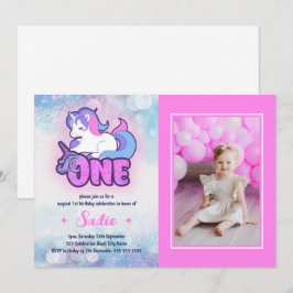 Magic Rosa Lila Unicorn 1:a födelsedagsfoto Inbjudningar