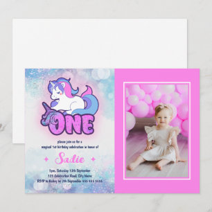 Magic Rosa Lila Unicorn 1:a födelsedagsfoto Inbjudningar