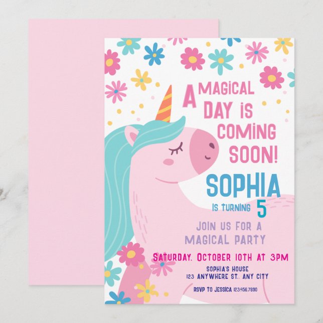 Magic Rosa Unicorn Birthday bjudande Regnbåge Inbjudningar (Fram/baksida)