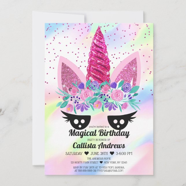 Magic Rosa Unicorn Blommigt Glitter Birthday Inbjudningar (Framsida)