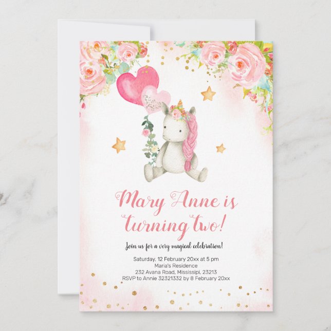 Magic rosa Unicorn-flicka andra födelsedag Inbjudningar (Framsida)