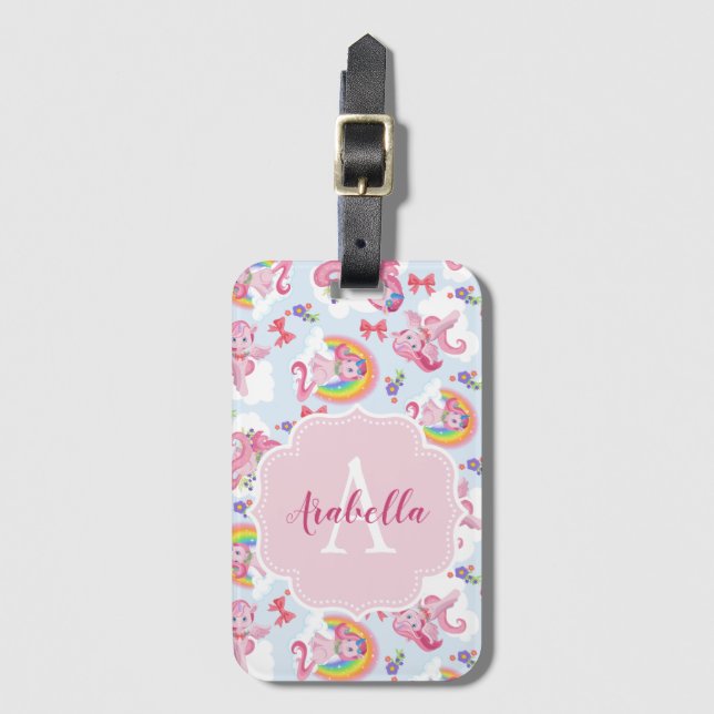 Magic Rosa Unicorn Girly Rainbow Monogram Bagagebricka (Framsida vertikal)