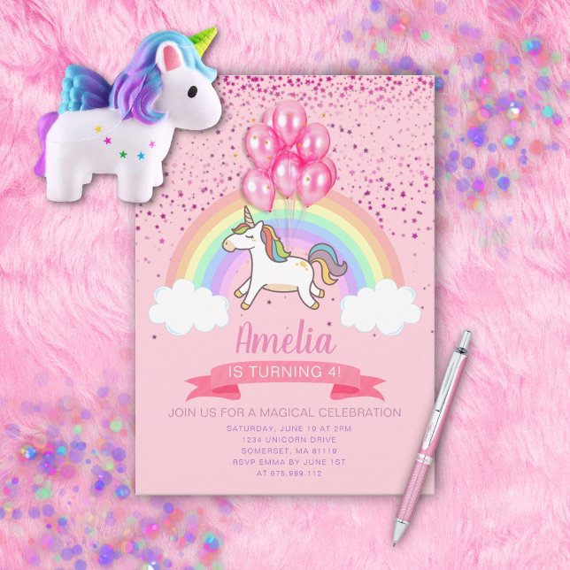 Magic Rosa Unicorn Rainbow Birthday bjudande Inbjudningar (Skapare uppladdad)