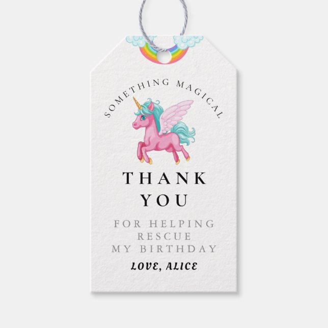 Magic Rosa Unicorn Rainbow Birthday Tack Presentetikett (Framsidan)