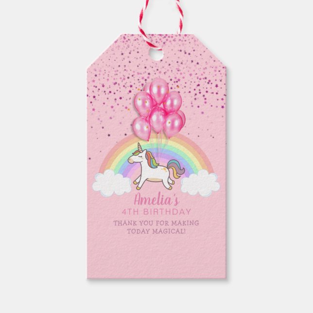 Magic Rosa Unicorn Rainbow Birthday Tack Presentetikett (Framsidan)