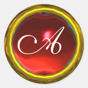 MAGIC RUBY MONOGRAM, skarp, pulserande gult röd Runt Klistermärke