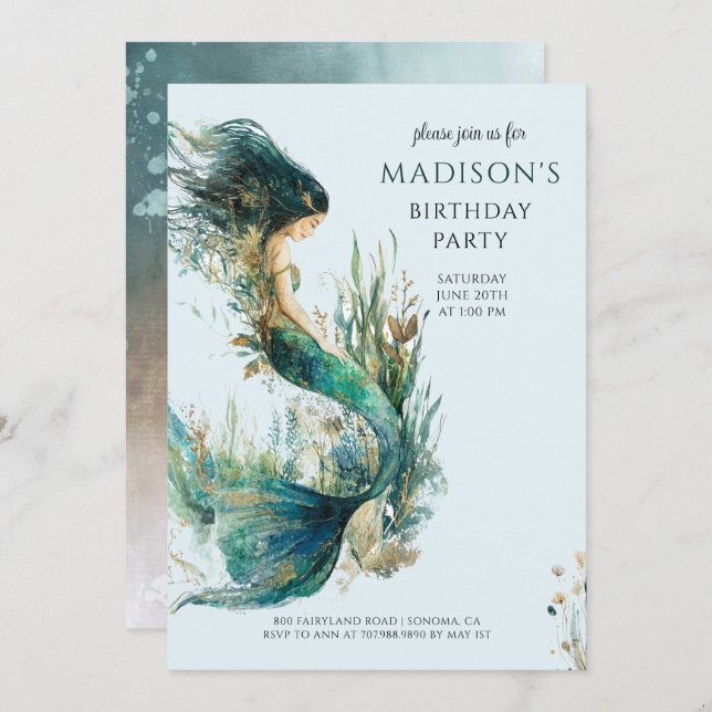 Magic Sjöjungfru Girl's Birthday Inbjudningar (Fram/baksida)