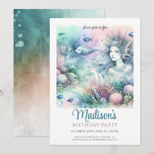 Magic Sjöjungfru Girl's Watercolor Birthday Inbjudningar