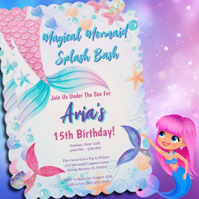 Magic Sjöjungfru Svan Glitter Födelsedagsfest Inbjudningar (Magical Mermaid Birthday Party Invitation)