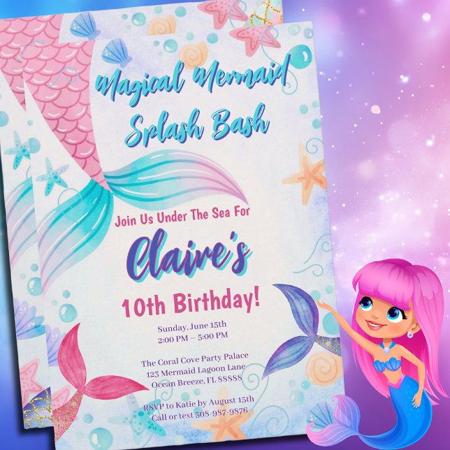 Magic Sjöjungfru Svan Watercolor Birthday Inbjudningar (Magical Mermaid Birthday Party Invitation)