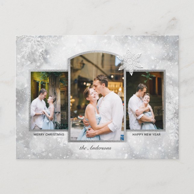 Magic Sparkly Silver Snöflingor 3-Photo Helg Vykort (Framsida)