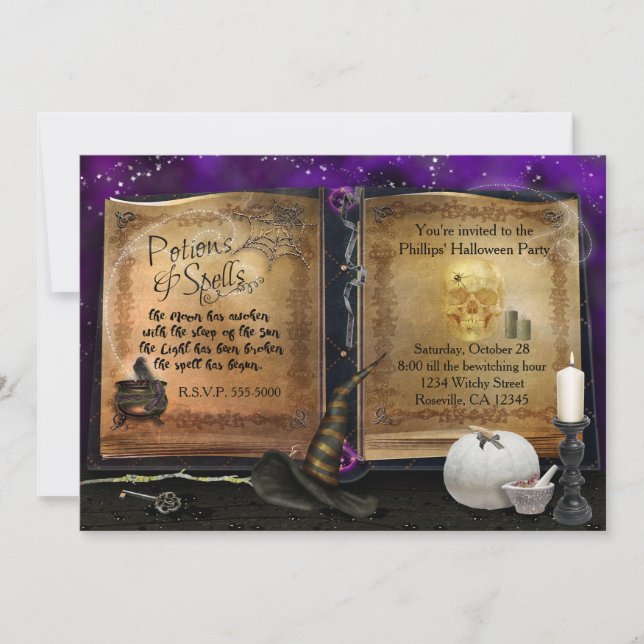 MAGIC SPELL BOK Halloween Witch Party-inbjudan Inbjudningar (Framsida)